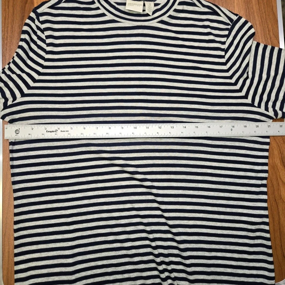 Zenergy by Chicos Womens Navy Gray Striped Ribbed Mock Neck Long Sleeve Top Sz 3